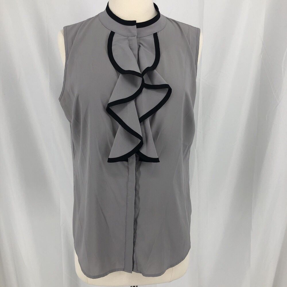 Calvin Klein Blouse Womens Size Medium Gray Ruffle Front Sleeveless